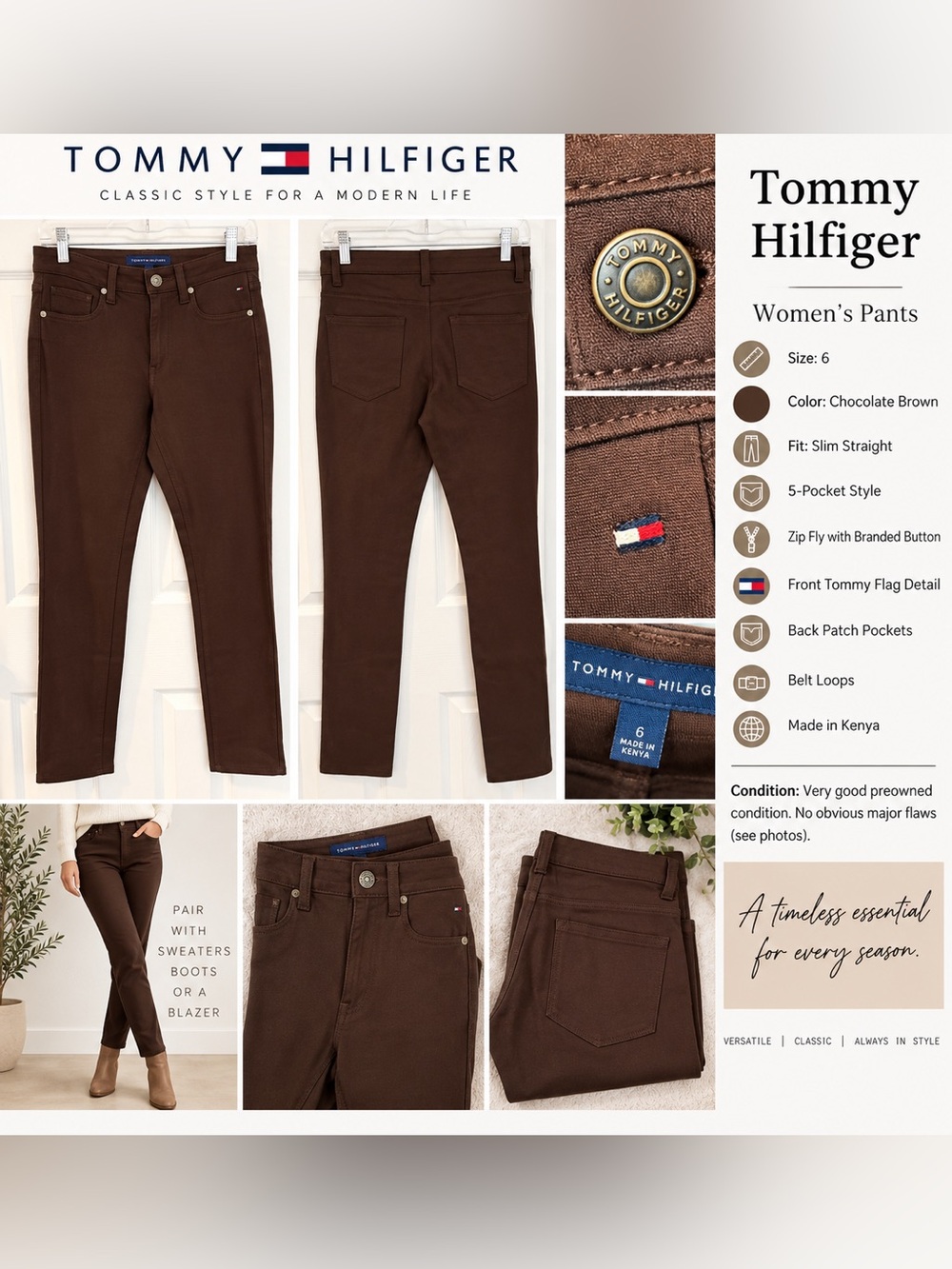 Tommy Hilfiger Chocolate Brown Stretch Pants Women’s Size 6